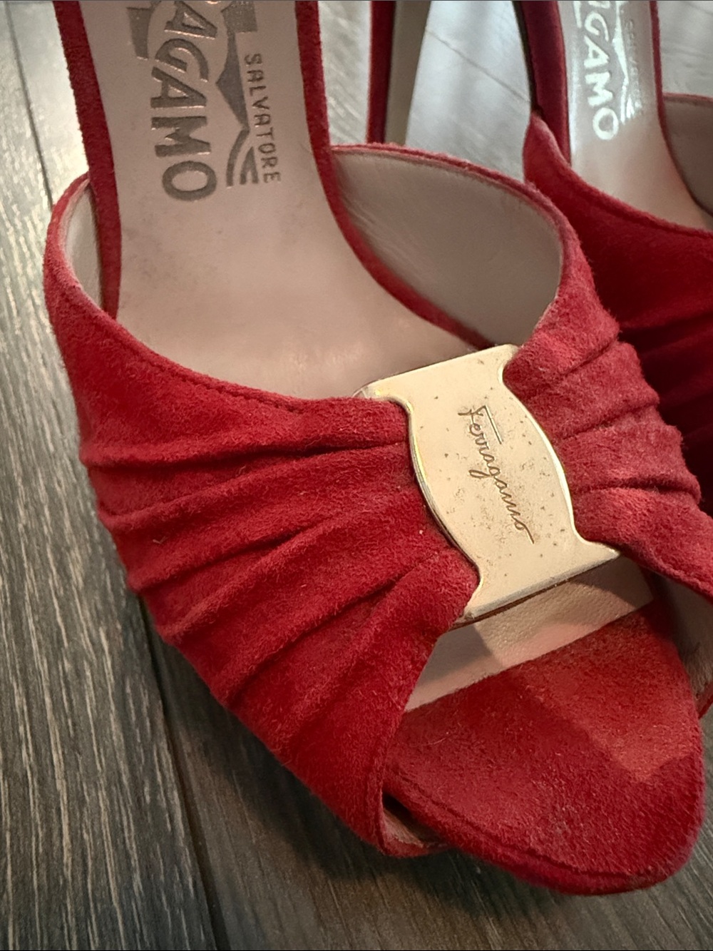 Salvatore Ferragamo Red Suede Peep-Toe Ankle-Strap Heels with Gold Plaque - Picture 5 of 5